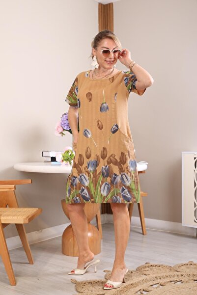 MİSLİNA BUTİK İthal Lale Desen Cappuccıno Elbise