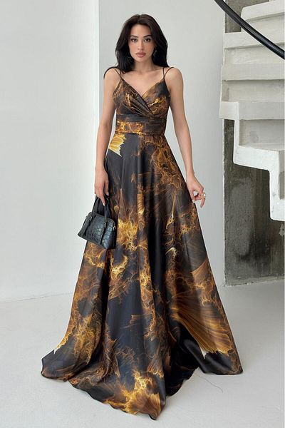 Serica Moda Black Patterned Strap Lined Organza Evening Dress