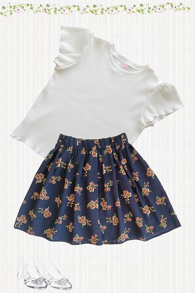 MODA59 Girl's Skirt Suit, Skirt T-Shirt Suit, Floral Skirt Twill Ecru T-Shirt