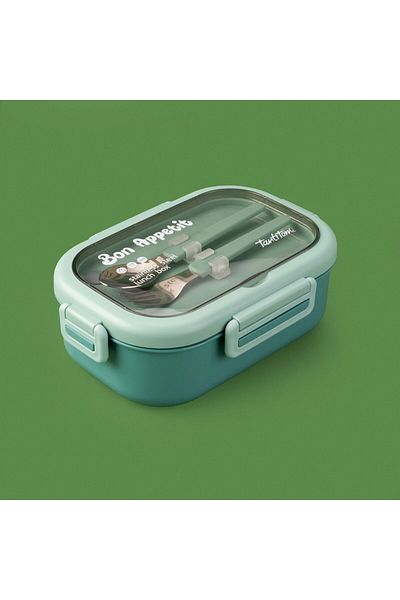 ASPARTAM Rectangular Food Container with Fork and Spoon - Green - 850 ml