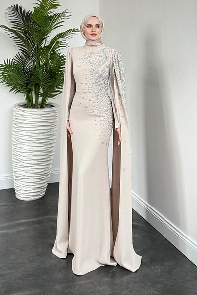 MERVEN AKYÜZ Βραδινό φόρεμα Carla Side Stone Cream