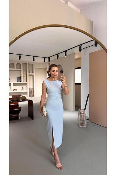 Sezgi Tekin Waist Draped Slit Detail Pastel Blue Midi Dress