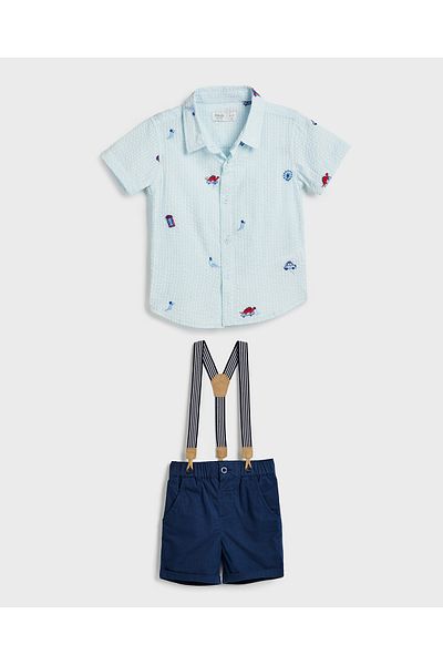 R&B Embroidered Shirt And Shorts Set With Suspenders For Top And Bottom Set 0-24M