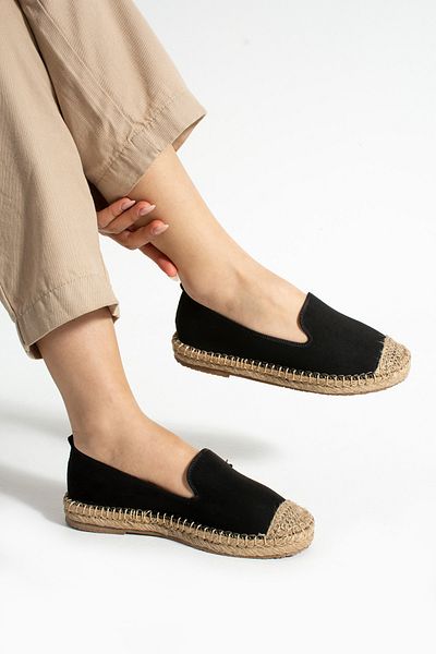 HVZ Exclusive Black Women's Patterned Straw Sole Espadrille Comfortable and Ergonomic Shoes