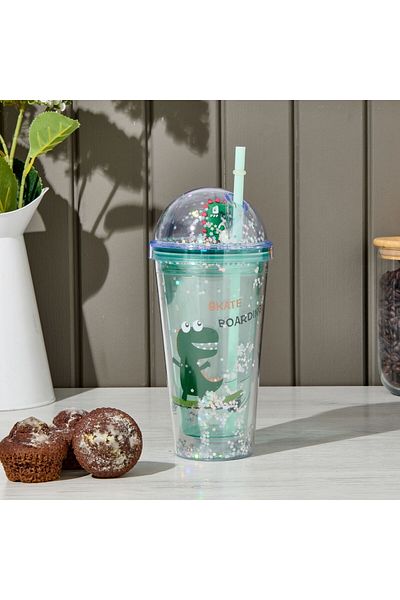 MATMEL Polycarbonate Double Walled Dinosaur Cup with Straw - - 450 ml