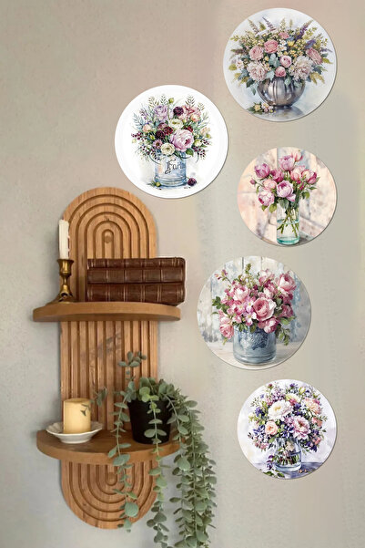 Wooden Factory Semplice Duvar Rafı ve Dekoratif Oval 5 Parça Tablo