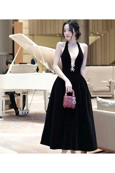 MRA Fashion Women's Deep V-Neck Ribbon Detailed Imported Double Fabric Dress