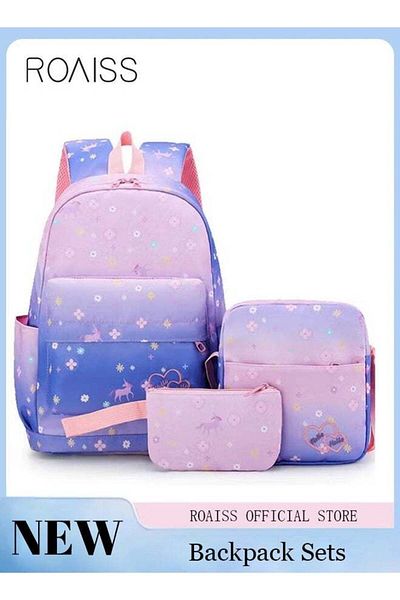 ROAISS 3PCS Children's Backpack Sets Printed Graphic Cute Student Backpack Set Functional Large Capacity Sc