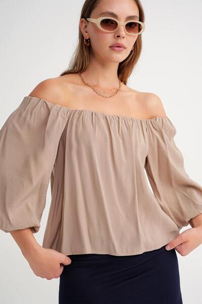 Mixray 4706 Women's Backless Balloon Sleeve Strapless Blouse Soil