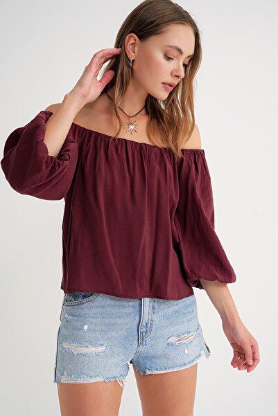 Mixray 4706 Women's Backless Balloon Sleeve Strapless Blouse Burgundy