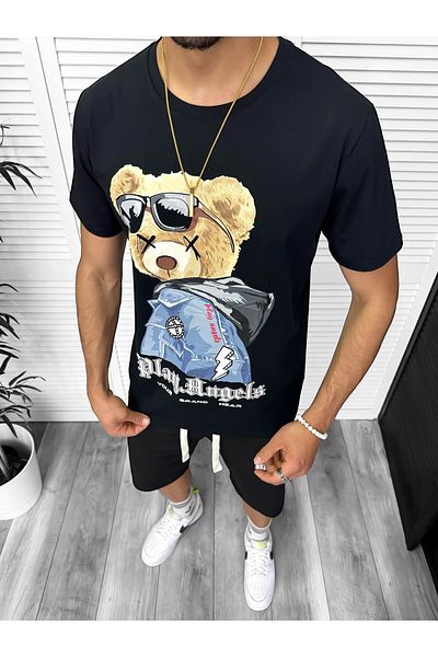 dehaine Men's casual suit, t-shirt plus shorts, black