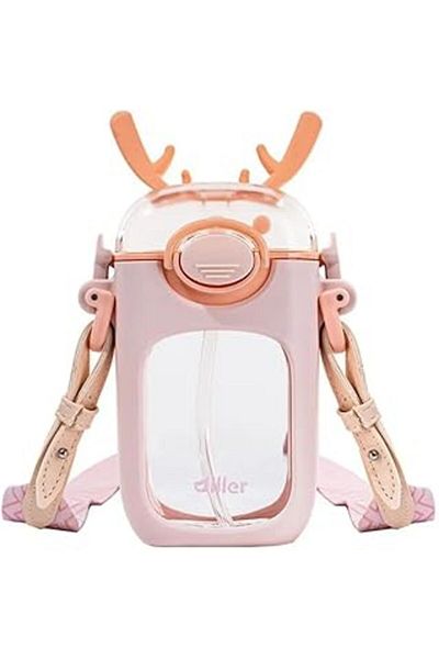 Mu Art Ahşap Diiler Tritan Children's Water Bottle with Strap 400ml with Straw and Animal Ear (Powder)