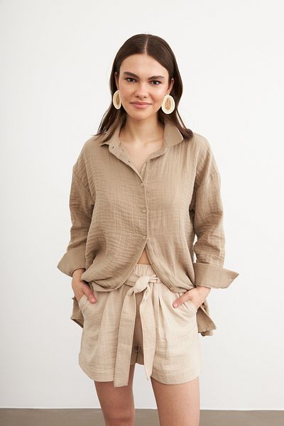 Bipantolon Дамска риза Oversize Basic от муселин в пясъчно бежов цвят