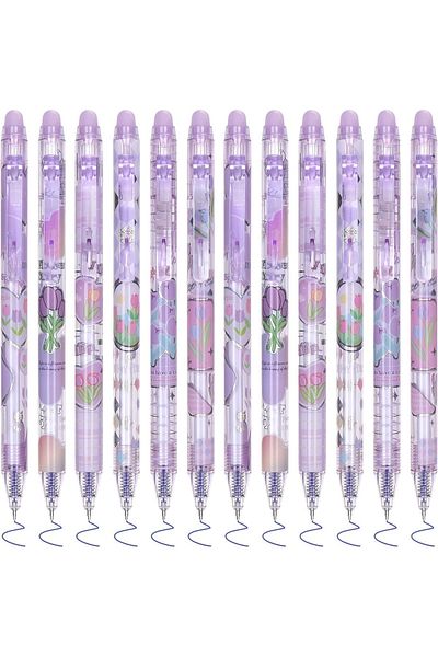 fulina 12Pcs Cute Erasable Gel Pens, with Eraser, 0.5mm Fine Point Smooth Writing for Planner Puzzles