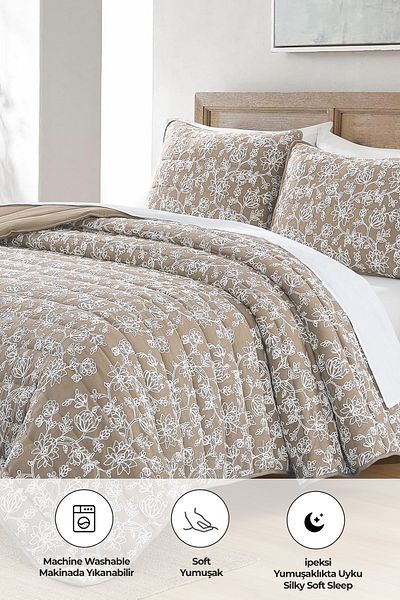 Evlen Home Collection Double Cotton Bed Set - Perla Embroidery, Fiber Filled, Soft 3 Pieces Beige