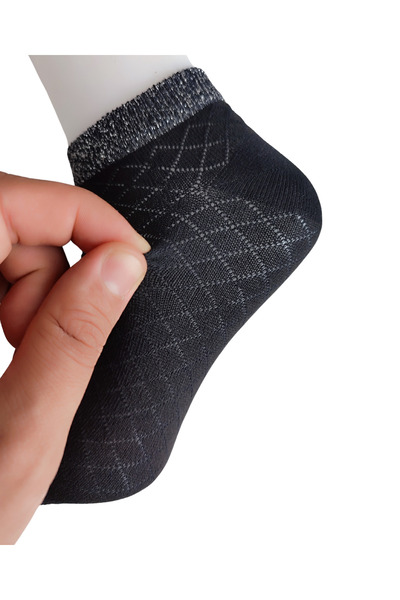 DİLRUBA AVM Women's Stylish Quality Combed Cotton Black Glitter Embossed Patterned Style (3 Pairs) Short Booties Socks