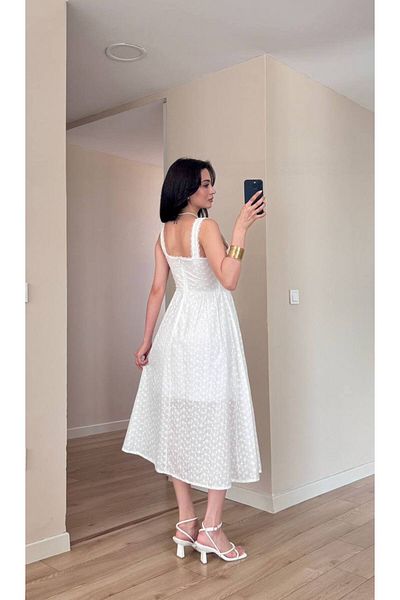 LOCH BUTİK Women's White Midi Strap Embroidered Dress