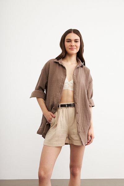 Bipantolon Дамска риза Oversize Basic от муселин, цвят мляко и кафе