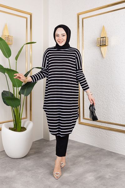 Cochines Women's Black White Striped Flared Combed Cotton Oversize Crew Neck Comfortable Hijab Tunic