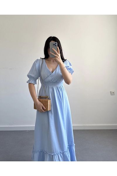 Lusin Rochie de damă, albastru bebeluș, cu decolteu în V, cu talie elastică, din muselină, cu mâneci scurte