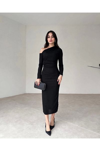 Silerra Rochie de damă cu mânecă lungă, cu umăr decoltat, căptușită în interior, lungime midi, din tul