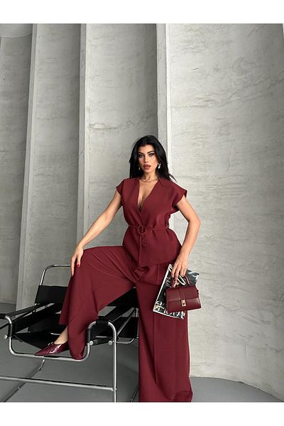 MYGİYİMİSTANBUL Slim Belt Detail V-Neck Sleeveless Top Wide Leg Pants Two-Piece Set