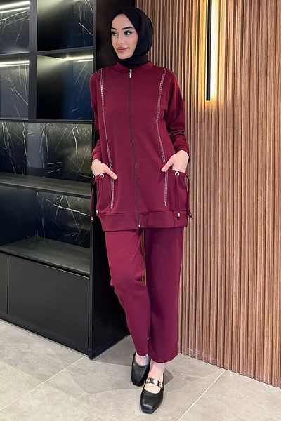 julude Burgundy Large Size Zippered Pocket Hijab Tunic Trousers Double Set