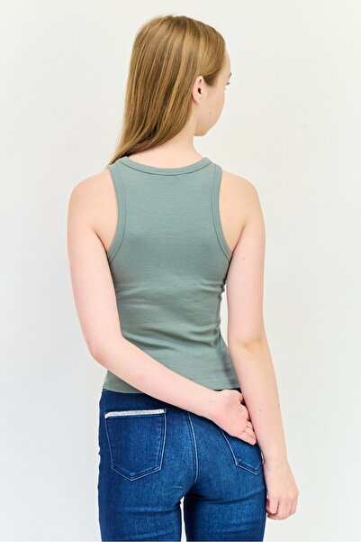 Lee Women Crew Neck Sleeveless Embroidered Logo Tank Top, Khaki