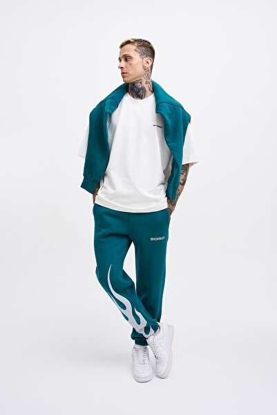 Machinist Мъжки спортен панталон с пламъчен принт в петролно зелено