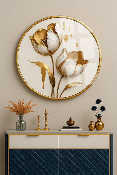 TAULART TABLO DE LALELE ALBE CU DETAILIȚII AURII TABLO ROTUND DE STICLA INELABILĂ CADOU DE LUX PENTRU CASĂ CULOARE ULTRA VIVĂ