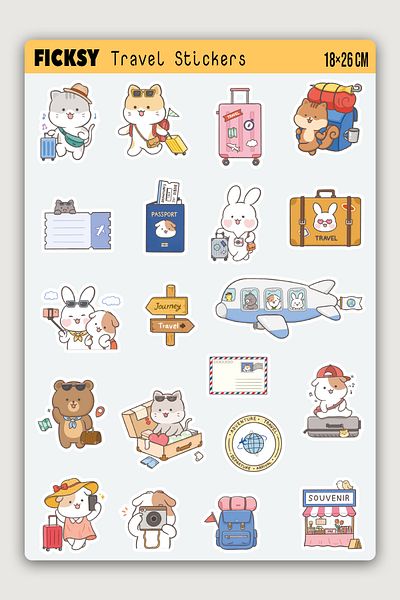 Ficksy Kawaii Style Cute Animals Travel Themed Sticker Set - 35 Pieces of Sticker Stickers