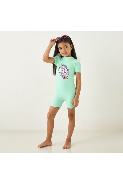 Juniors Unicorn Print Swimsuit With Short Sleeves And Round Neck