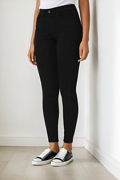 SHEVEGA Black Lycra High Waist Narrow Leg Linen Trousers