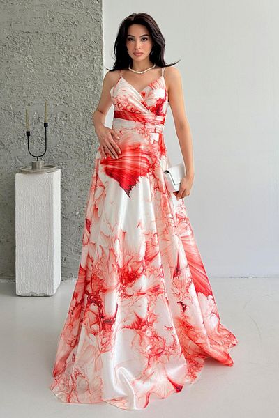Serica Moda Red Patterned Strap Lined Organza Evening Dress