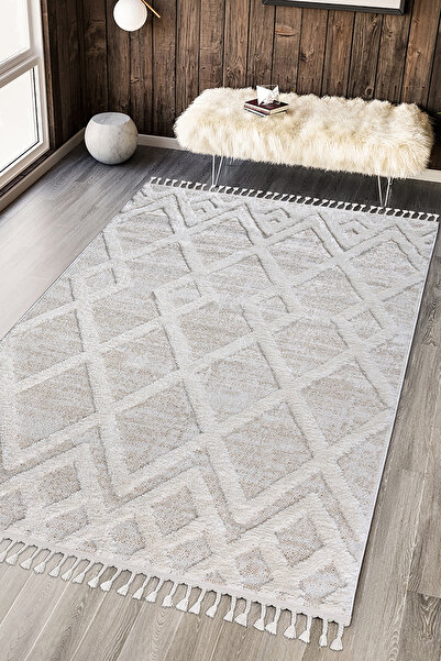 SANRUGS Home & Living Bukleli Yumuşak Peluş Post Krem Beyaz Oturma Odası Salon Mutfak Yolluk Kilim Halı