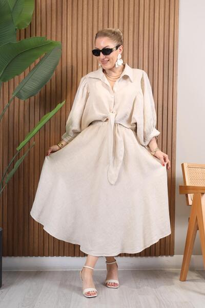 MİSLİNA BUTİK İthal Keten Bağlama Detay Bej Takım