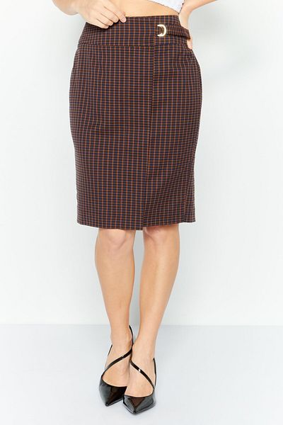 Dkny Women Gingham Pattern Pencil Skirt, Brown Combo