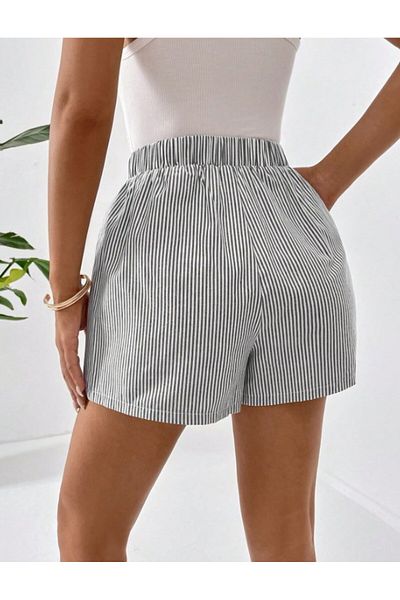 GIA - ART Summer Lightweight Poplin Fabric Gray Striped Women's Shorts
