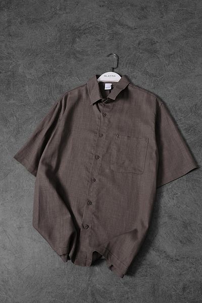 Slatra Ανδρικό καφέ 100% λινό ύφασμα Oversize κοντομάνικο πουκάμισο