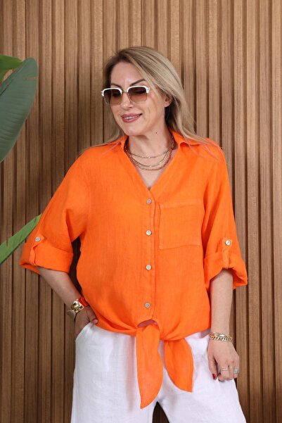 MİSLİNA BUTİK İthal Keten Dantel Detay Bağlamalı Orange Gömlek