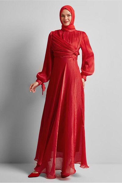 TRENDTESETTÜR Women's Red Built-Up Detailed Dress t 0226