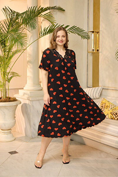 Miss Meryem Kalp Desenli Siyah Ring Viskon Kısa Kol Elbise