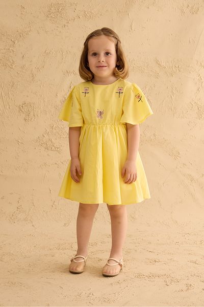 Fahhar Kids Rochie din bumbac brodata Galbena