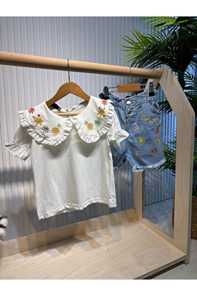 Canbi Kids Girl's Flower Embroidered Baby Collar T-Shirt Denim Shorts 2-Piece Set