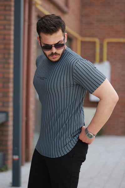 modaserdem Men's Vertical Striped Ottoman Fabric Short Sleeve T-Shirt