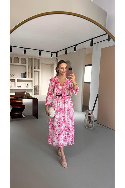 Sezgi Tekin Belted Neckline Ruffle Detail Floral Chiffon Dress
