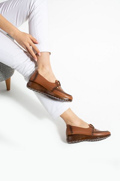 Getcho Adey Women's Tan Orthopedic Buckle Daily Comfortable Genuine Leather Light Heeled Shoes