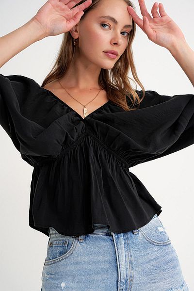 Mixray 4703 Women's V-Neck Elastic Modal Blouse Black
