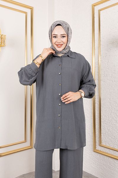 Tesettür Dünyası Double Suit with Stitching Detail Tsd250180 Smoked