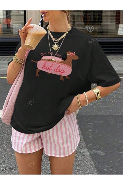 PALPİTO تي شيرت نسائي أسود كبير الحجم مطبوع عليه هوت دوج